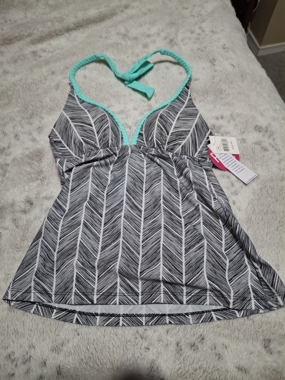 Malibu Black and White Printed Tankini with Aqua Trim